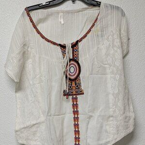 ROPER Women's Peasant Blouse Top with Embroidered Boho Design and Front Knot - L